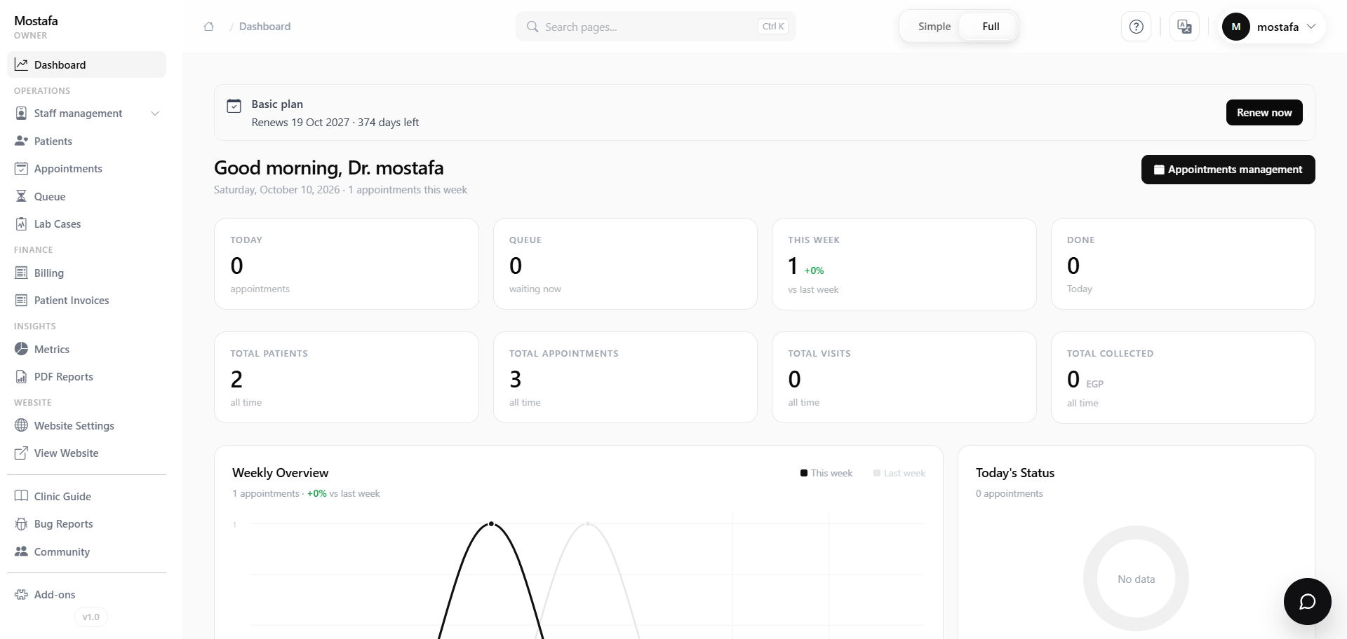 The Clinexera clinic dashboard, showing the weekly appointment overview, the live queue and today's status.